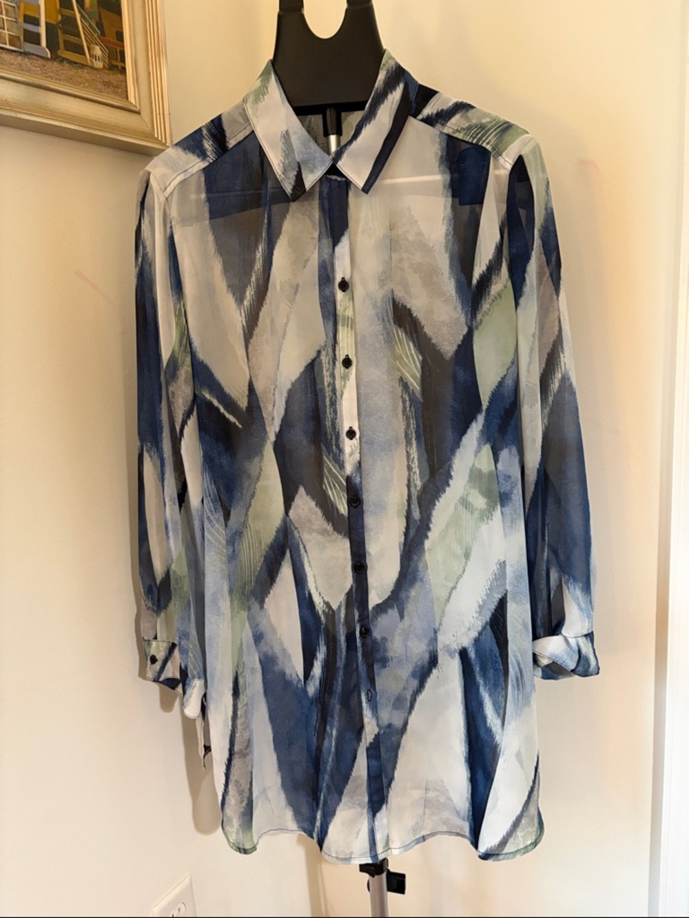 Chico's Women's Bliss Annika Abstract Shirt Size 3 Blue White Lagenlook Artsy